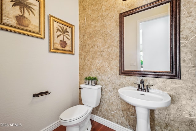 bathroom with toilet and hardwood / wood-style floors