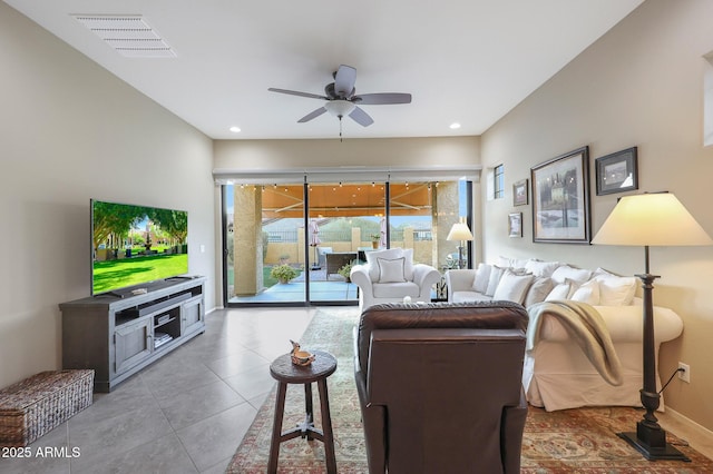 living room featuring ceiling fan