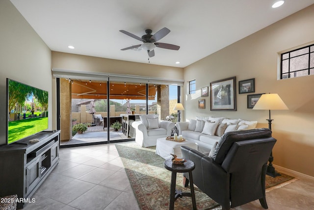 tiled living room with ceiling fan