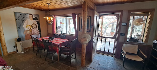 dining room featuring plenty of natural light and wood ceiling