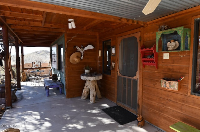 view of stable featuring a mountain view