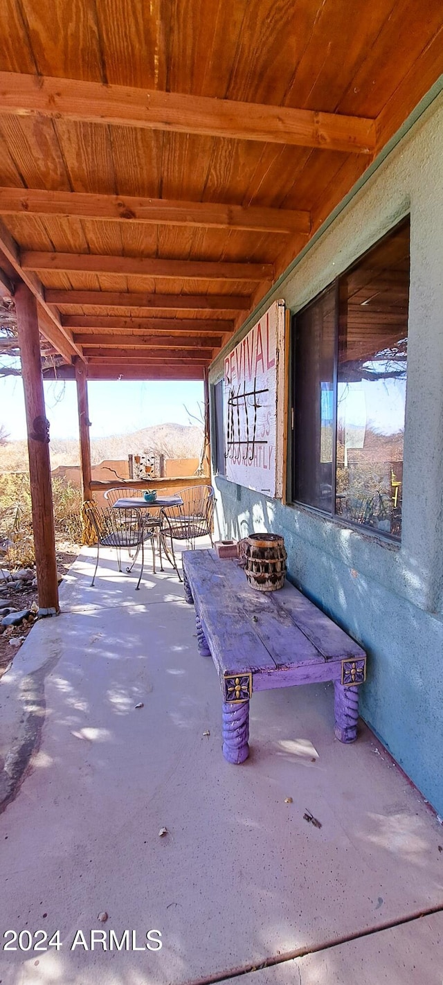 view of patio with a mountain view