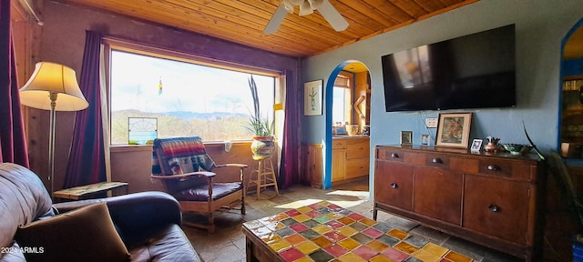 sitting room featuring ceiling fan and wooden ceiling