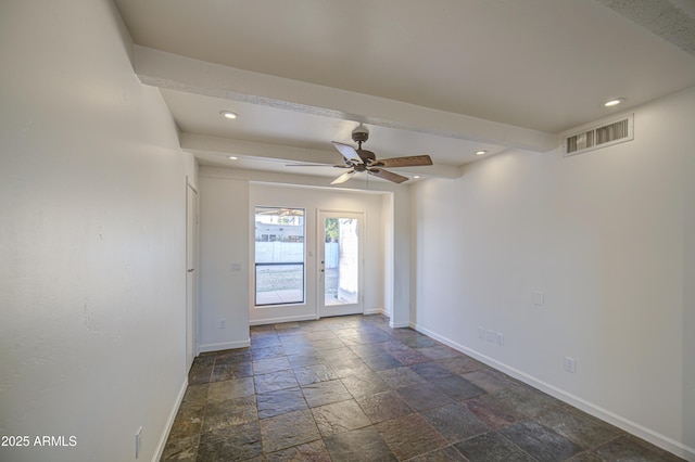 unfurnished room with visible vents, ceiling fan, stone tile flooring, baseboards, and recessed lighting