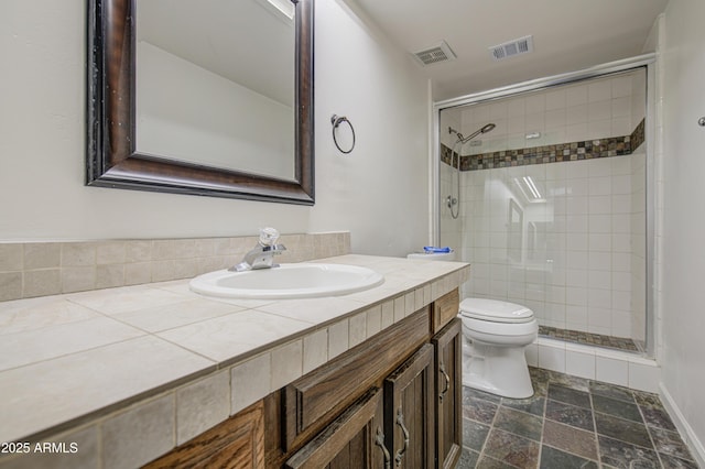 bathroom with toilet, visible vents, and a shower stall