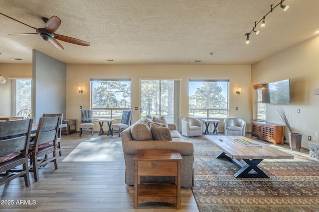 living room with track lighting, ceiling fan, wood-type flooring, and plenty of natural light