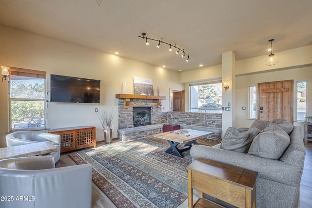 living room featuring hardwood / wood-style floors and a stone fireplace