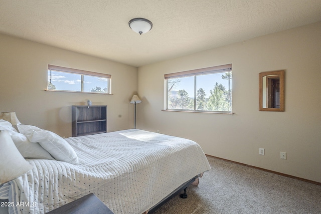 bedroom with multiple windows, a textured ceiling, and carpet