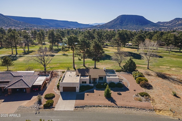 drone / aerial view featuring a mountain view