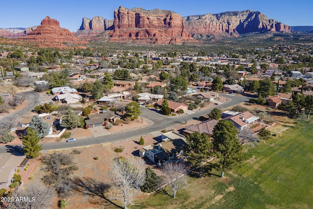 birds eye view of property featuring a mountain view