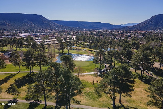 birds eye view of property featuring a water and mountain view