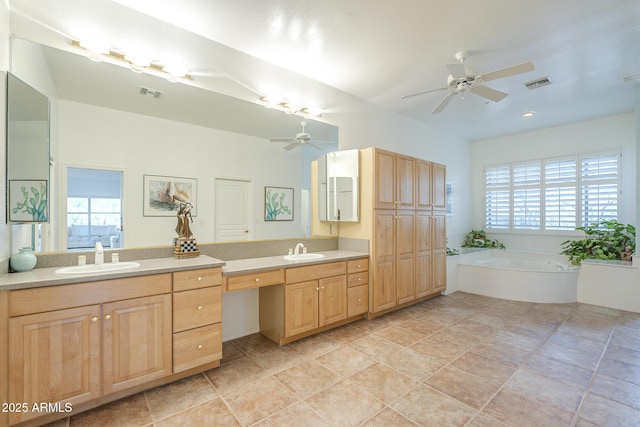 full bathroom with vanity, visible vents, and a ceiling fan