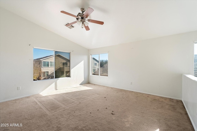 unfurnished living room with light carpet, lofted ceiling, and ceiling fan