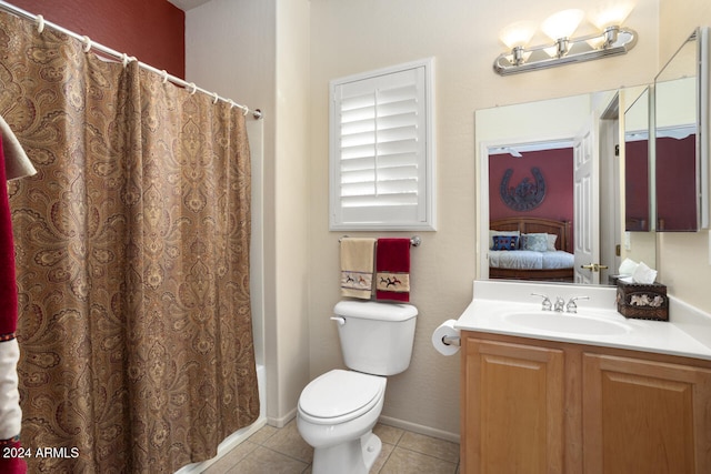 full bathroom with tile patterned floors, vanity, shower / bath combination with curtain, and toilet