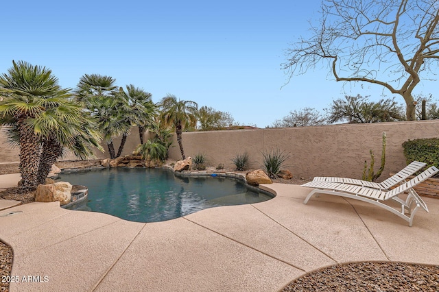 view of pool with a fenced in pool, a patio, and a fenced backyard