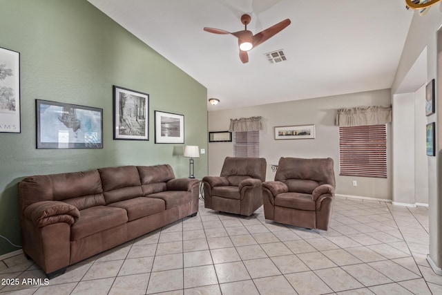 living area featuring vaulted ceiling, a ceiling fan, light tile patterned floors, baseboards, and visible vents