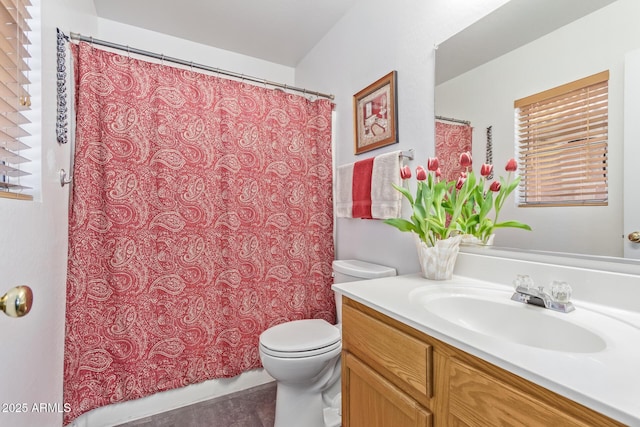full bathroom featuring toilet, vanity, and curtained shower