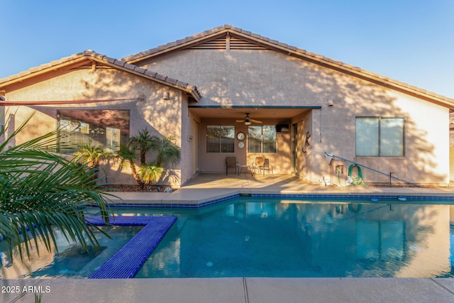 view of swimming pool featuring a patio and ceiling fan