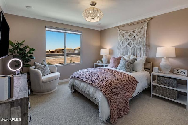 bedroom featuring carpet flooring and crown molding