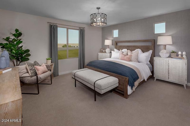 bedroom with light colored carpet and a chandelier