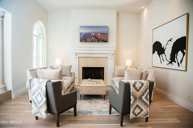 10754 E Laurel Ln, Scottsdale, AZ 85259 - living room with light wood-style flooring and a premium fireplace