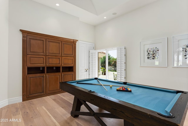 10754 E Laurel Ln, Scottsdale, AZ 85259 - rec room featuring a towering ceiling, billiards table, light wood-type flooring, and recessed lighting