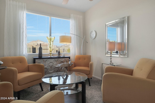 living area with ceiling fan, a healthy amount of sunlight, and carpet floors