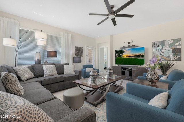 living room with ceiling fan