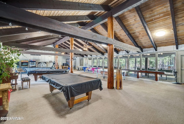 recreation room featuring beam ceiling, carpet, wooden ceiling, and pool table