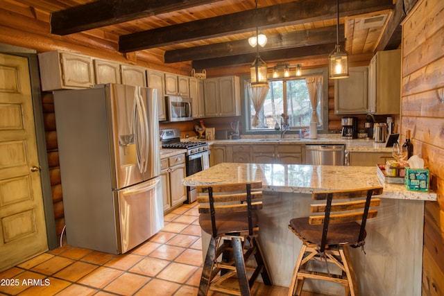 kitchen with light stone countertops, wood ceiling, stainless steel appliances, beam ceiling, and hanging light fixtures