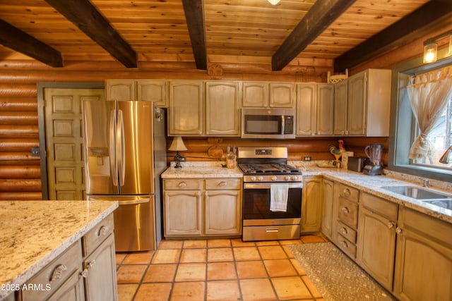 kitchen featuring beamed ceiling, stainless steel appliances, wooden ceiling, and sink