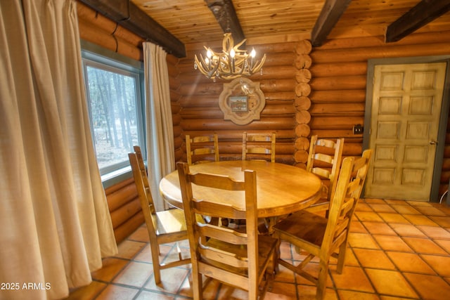 dining space featuring beam ceiling, log walls, wood ceiling, and an inviting chandelier