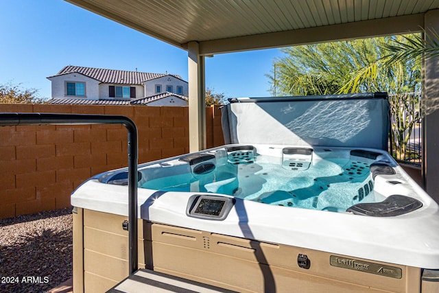 view of patio featuring a hot tub