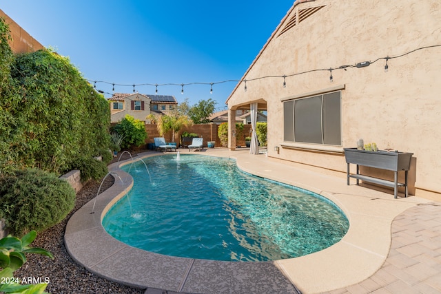 view of pool with a patio and pool water feature