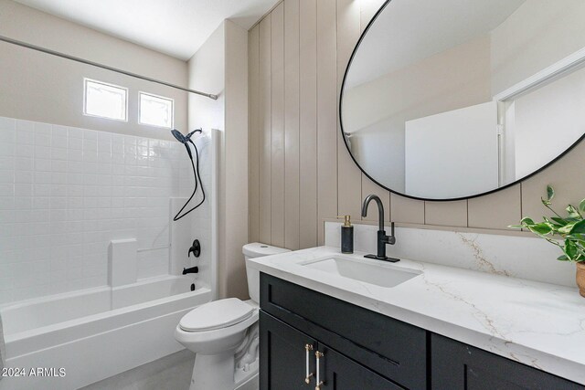 full bathroom with toilet, bathtub / shower combination, and vanity