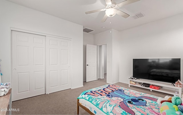 16789 W Moreland St, Goodyear, AZ 85338 - carpeted bedroom featuring visible vents, a closet, baseboards, and ceiling fan