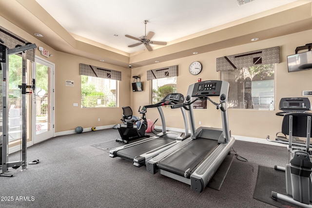 29606 N Tatum Blvd Unit 245, Cave Creek, AZ 85331 - exercise room with a ceiling fan, baseboards, and a tray ceiling