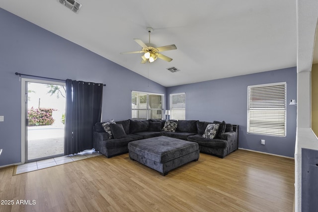 7832 E Osage Ave, Mesa, AZ 85212 - living room with visible vents, ceiling fan, light wood-style floors, and high vaulted ceiling
