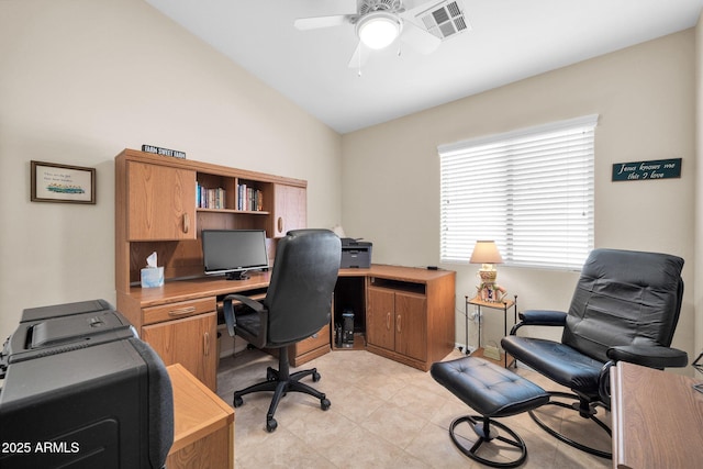 office area with ceiling fan and vaulted ceiling