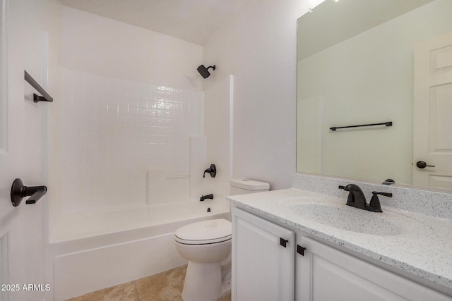 full bathroom with tile patterned floors, shower / washtub combination, toilet, and vanity