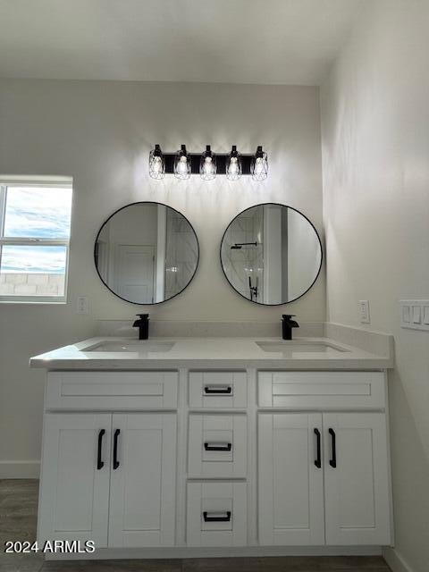 bathroom with wood-type flooring and vanity