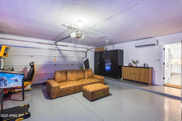 garage with a garage door opener and a wall unit AC