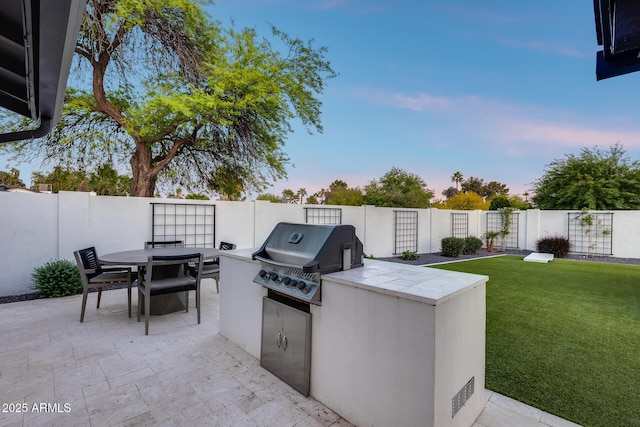 view of patio with outdoor dining area, a fenced backyard, a grill, and area for grilling