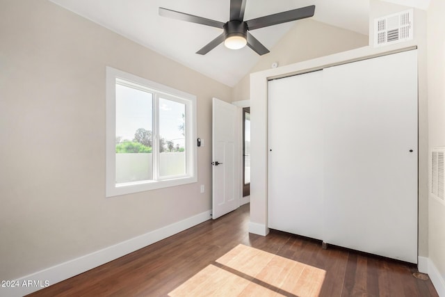 1921 E Yale St, Phoenix, AZ 85006 - unfurnished bedroom with lofted ceiling, wood finished floors, a closet, and ceiling fan