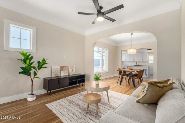 1921 E Yale St, Phoenix, AZ 85006 - living area featuring arched walkways, healthy amount of natural light, light wood-style floors, and ceiling fan