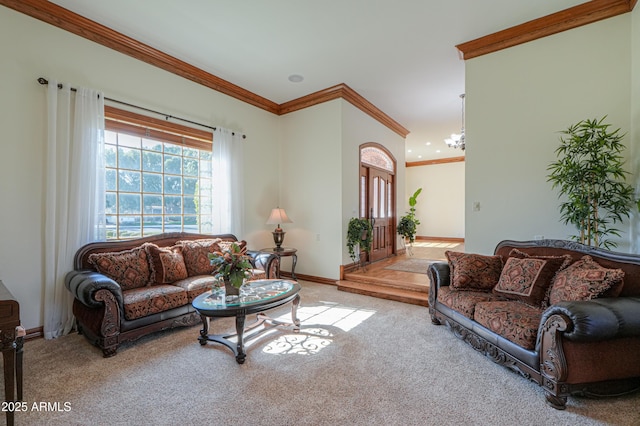 living room featuring crown molding, baseboards, a chandelier, and light colored carpet