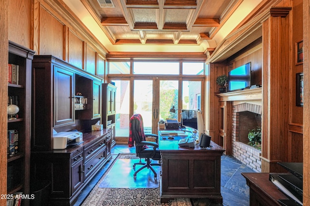 office area with crown molding, a fireplace, coffered ceiling, and beam ceiling