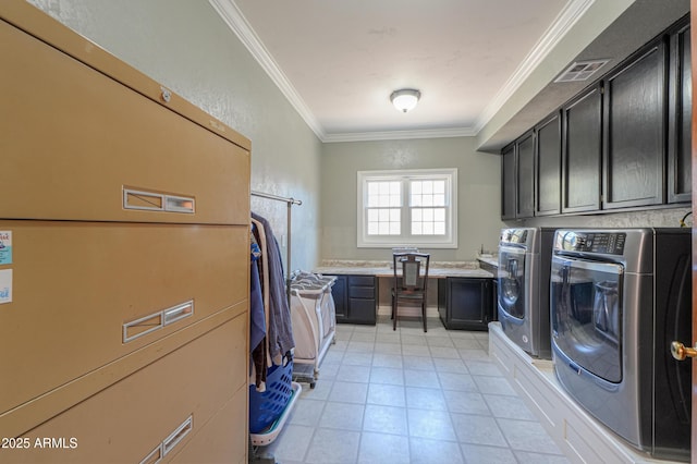 laundry area with cabinet space, washing machine and dryer, visible vents, and ornamental molding