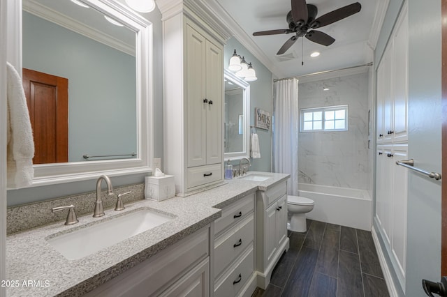 full bath featuring shower / bathtub combination with curtain, ornamental molding, and a sink