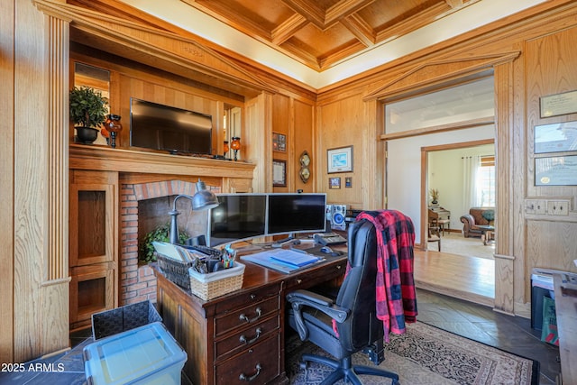 office featuring beamed ceiling, wood walls, and coffered ceiling